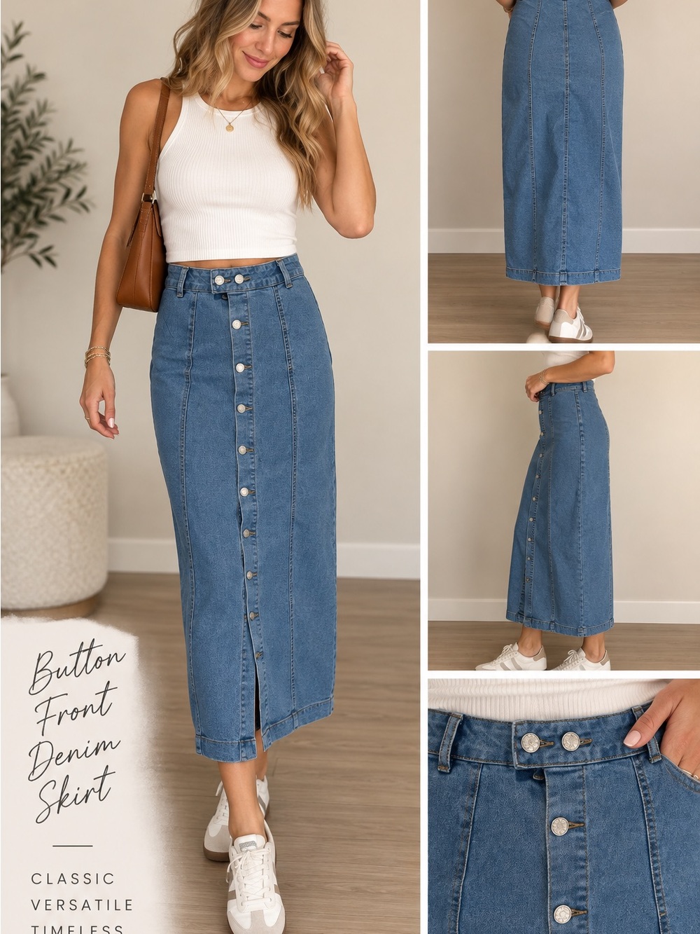 Classic Button-Front Denim Maxi Skirt - Blue